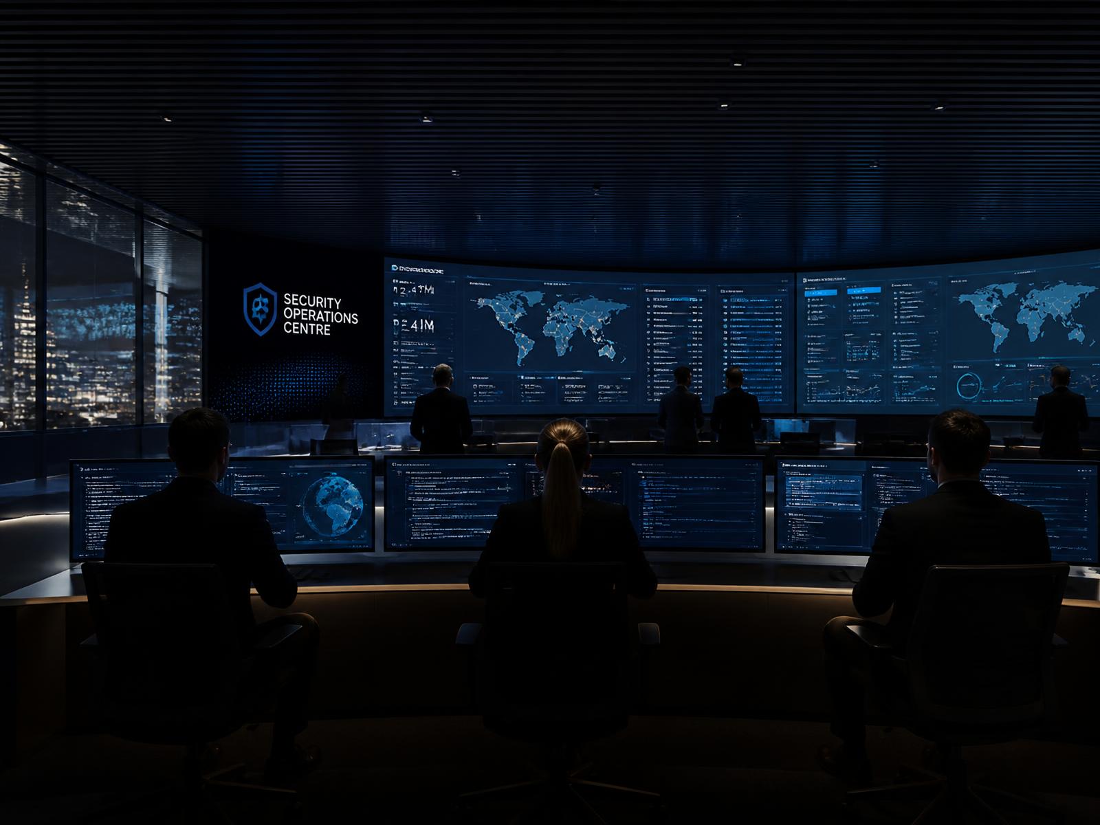 Analysts monitoring dashboards inside a modern security operations centre